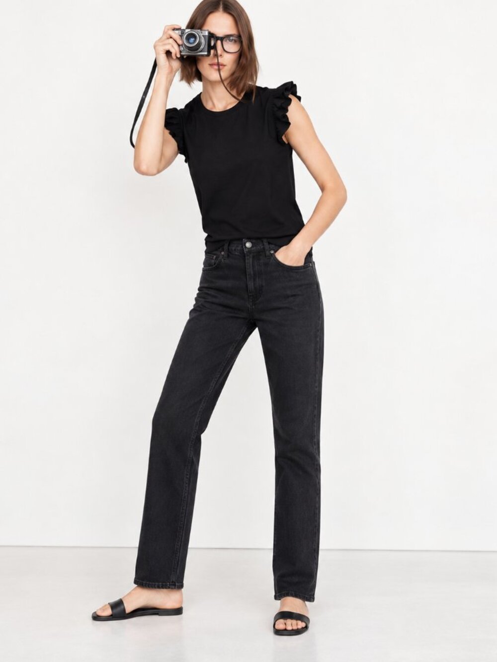 KULE Kiki Ruffle Sleeve Top Black Cotton Size XL